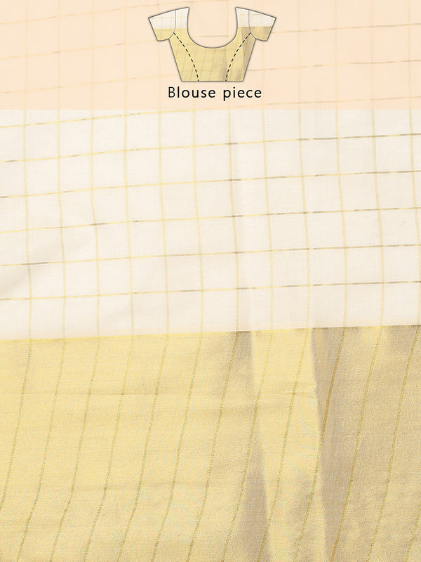 Off-White Cotton Set Saree with Dual Kasavu Borders and Golden Checks