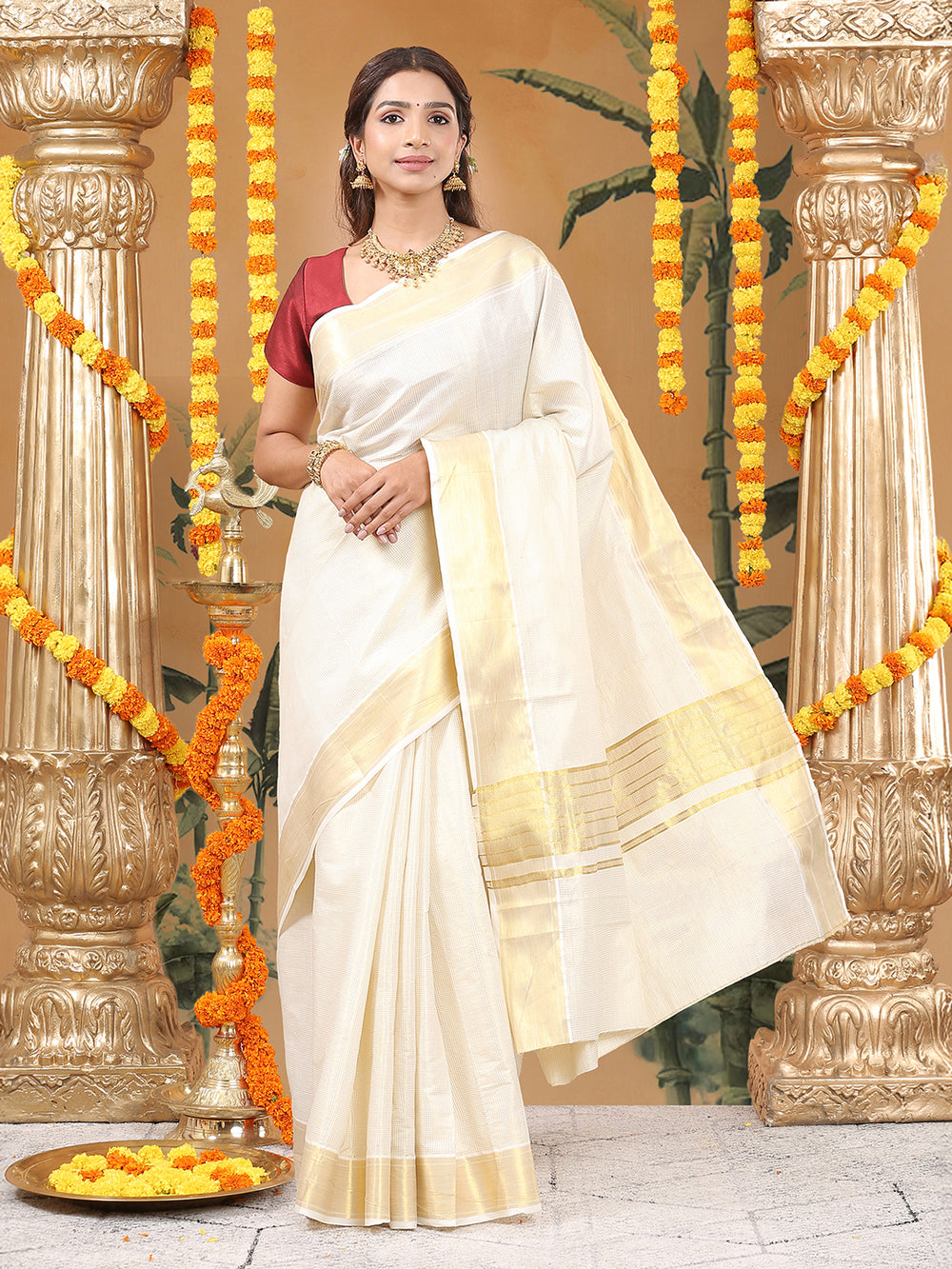 Off-White Cotton Saree with Mini Golden Dots & Golden Zari Pallu