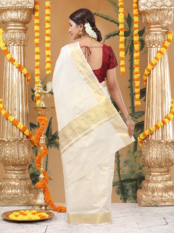 Off-White Cotton Saree with Mini Golden Dots & Golden Zari Pallu