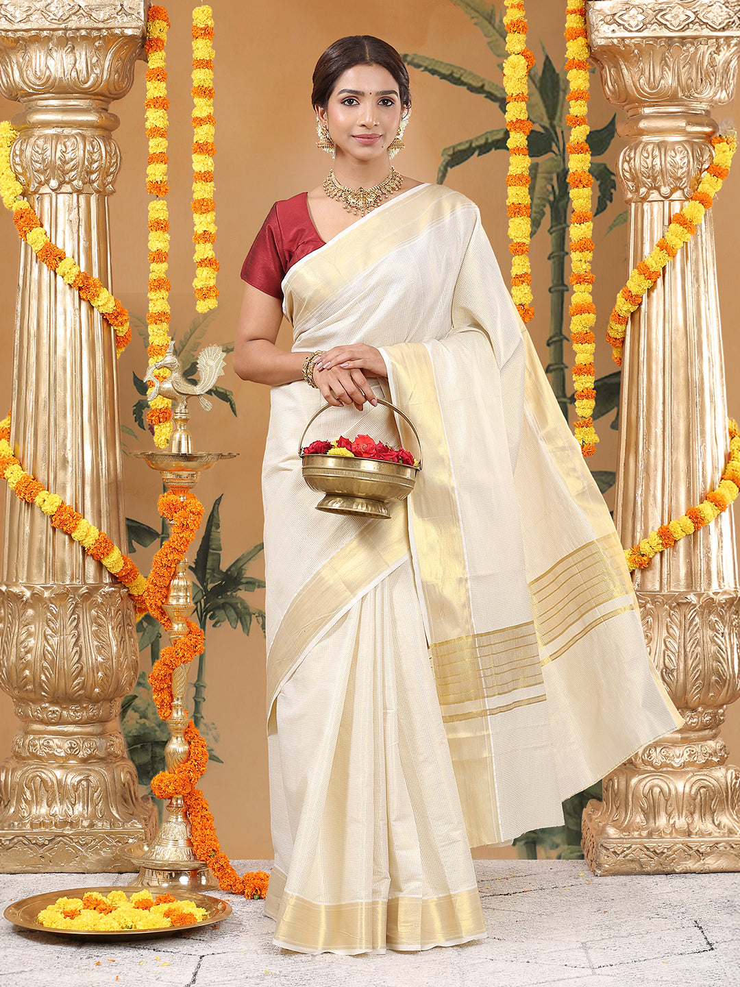 Off-White Cotton Saree with Mini Golden Dots & Golden Zari Pallu