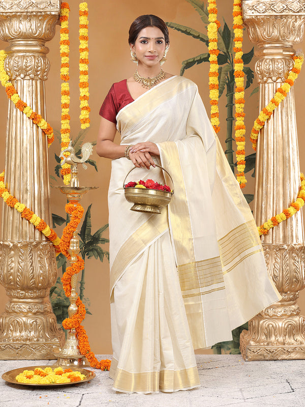 Off-White Cotton Saree with Mini Golden Dots & Golden Zari Pallu
