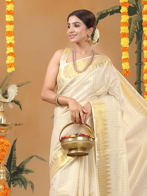 Golden Tissue Set Saree with Off White Toned Checked Pattern & Zari Temple Near Kasavu Border