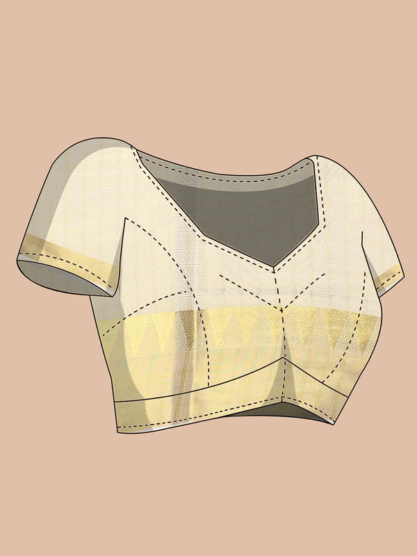 Golden Tissue Set Saree with Off White Toned Checked Pattern & Zari Temple Near Kasavu Border