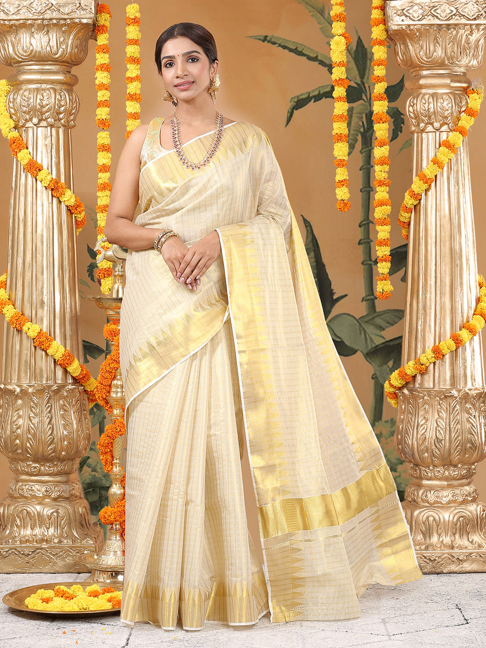 Golden Tissue Set Saree with Off White Toned Checked Pattern & Zari Temple Near Kasavu Border