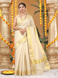 Golden Tissue Set Saree with Off White Toned Checked Pattern & Zari Temple Near Kasavu Border