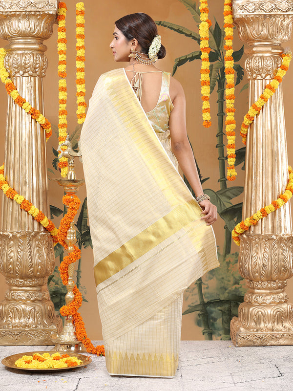 Golden Tissue Set Saree with Off White Toned Checked Pattern & Zari Temple Near Kasavu Border