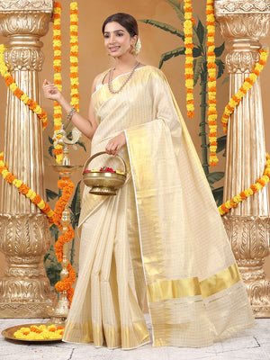 Golden Tissue Set Saree with Off White Toned Checked Pattern & Zari Temple Near Kasavu Border