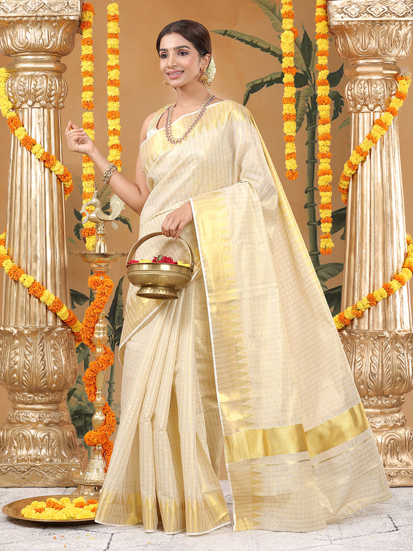 Golden Tissue Set Saree with Off White Toned Checked Pattern & Zari Temple Near Kasavu Border