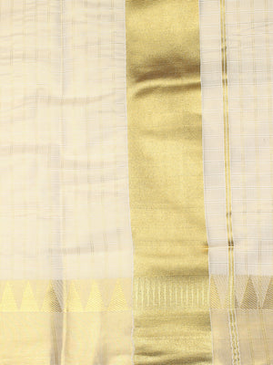 Golden Tissue Set Saree with Off White Toned Checked Pattern & Zari Temple Near Kasavu Border