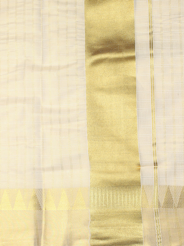 Golden Tissue Set Saree with Off White Toned Checked Pattern & Zari Temple Near Kasavu Border