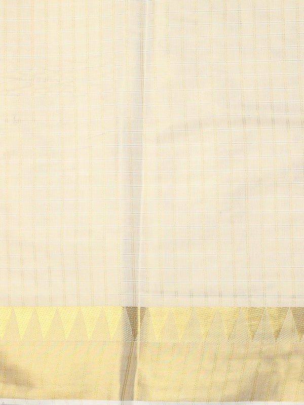 Golden Tissue Set Saree with Off White Toned Checked Pattern & Zari Temple Near Kasavu Border