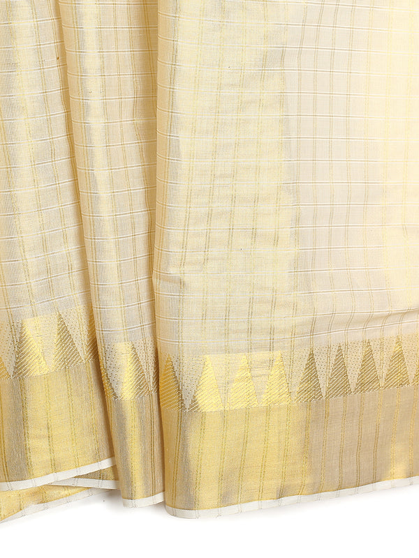 Golden Tissue Set Saree with Off White Toned Checked Pattern & Zari Temple Near Kasavu Border