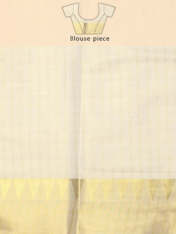 Golden Tissue Set Saree with Off White Toned Checked Pattern & Zari Temple Near Kasavu Border