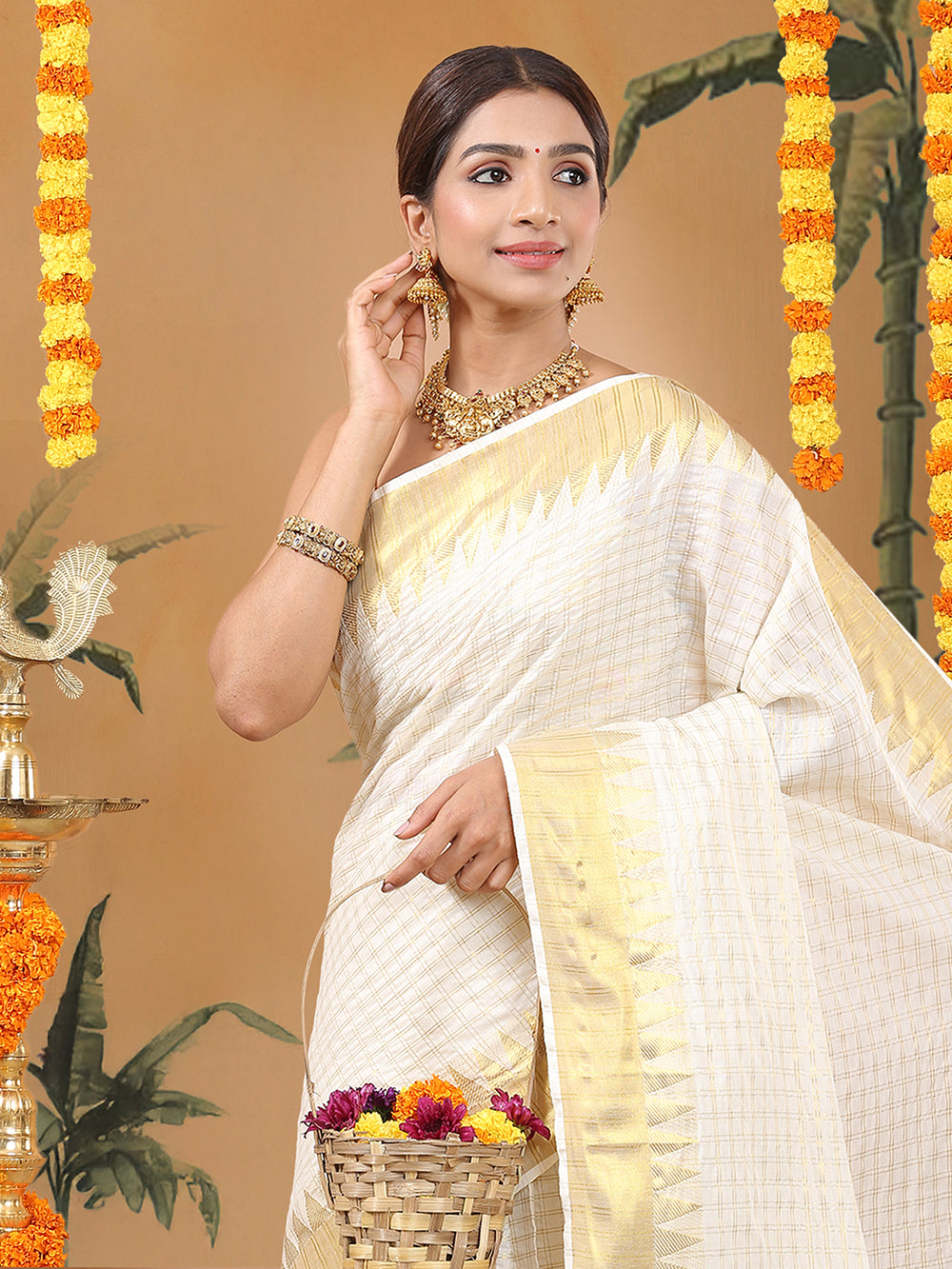 Off White Cotton Double Striped Check Set Saree with Zari Temple Design Near Golden Kasavu Border