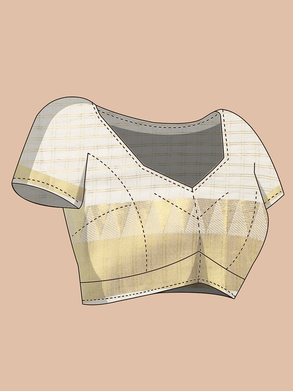 Off White Cotton Double Striped Check Set Saree with Zari Temple Design Near Golden Kasavu Border