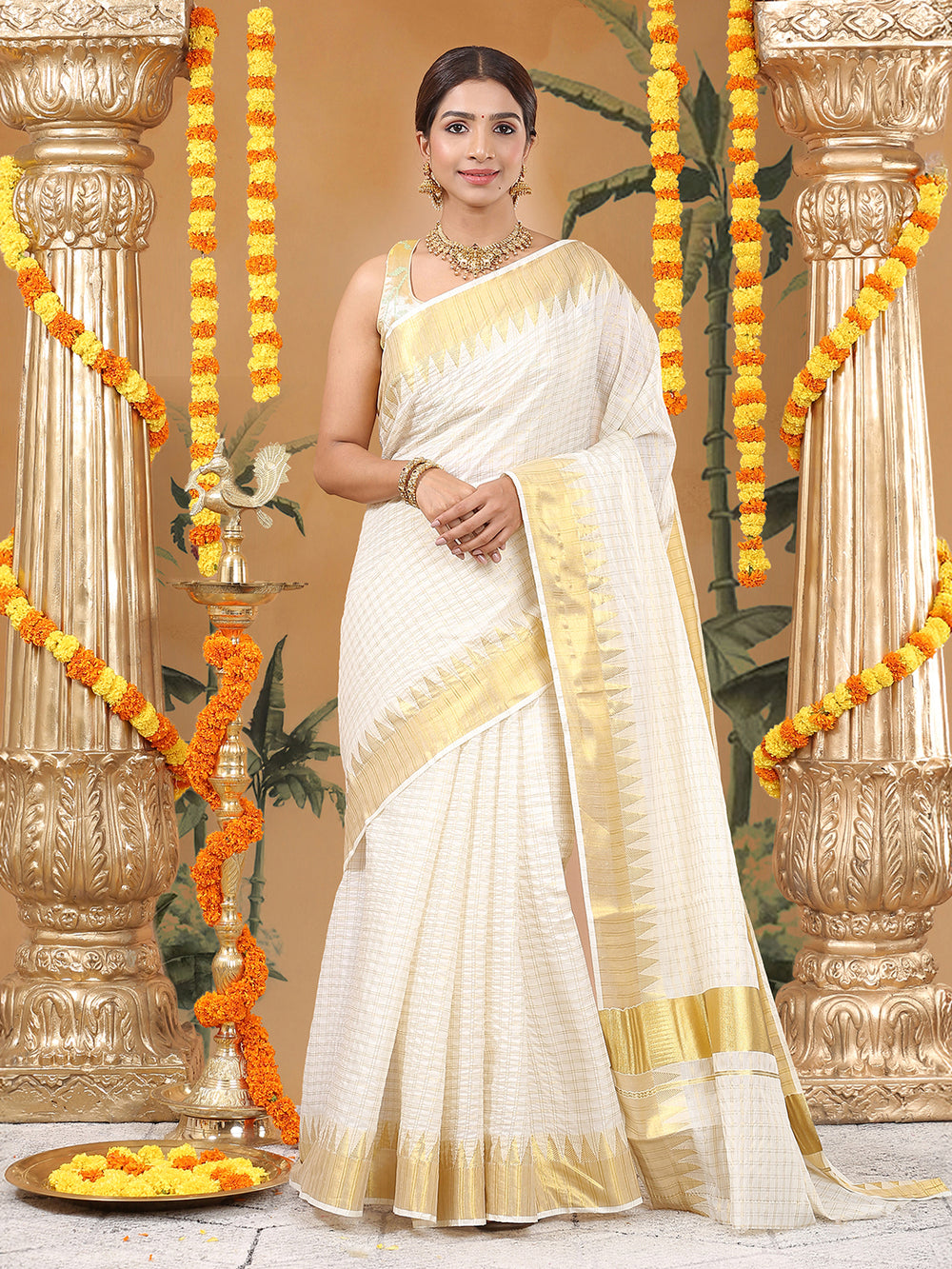 Off White Cotton Double Striped Check Set Saree with Zari Temple Design Near Golden Kasavu Border