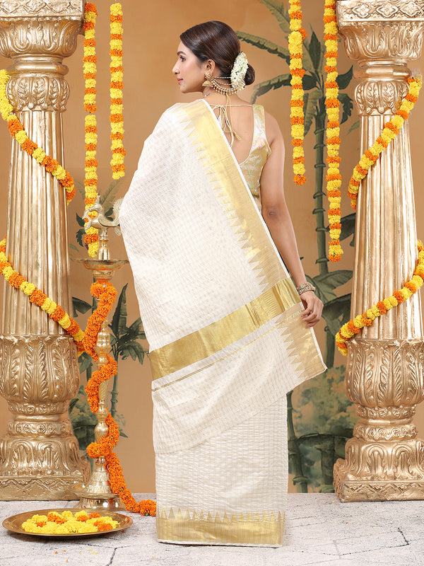 Off White Cotton Double Striped Check Set Saree with Zari Temple Design Near Golden Kasavu Border