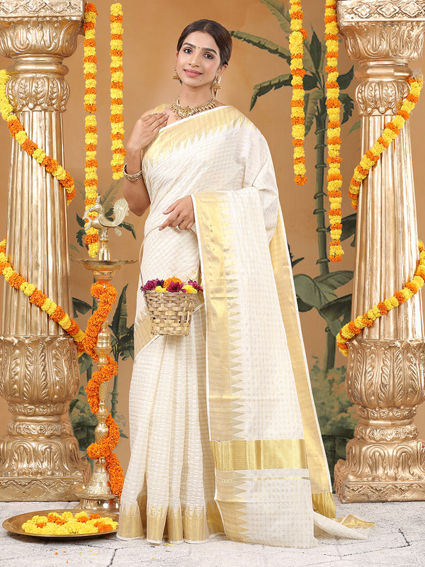 Off White Cotton Double Striped Check Set Saree with Zari Temple Design Near Golden Kasavu Border