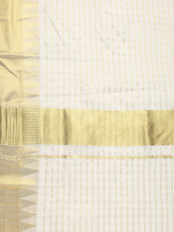 Off White Cotton Double Striped Check Set Saree with Zari Temple Design Near Golden Kasavu Border