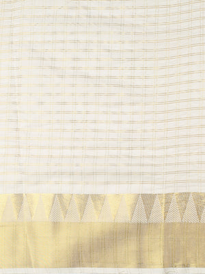 Off White Cotton Double Striped Check Set Saree with Zari Temple Design Near Golden Kasavu Border