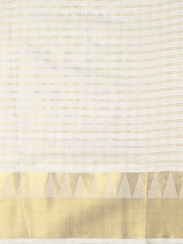 Off White Cotton Double Striped Check Set Saree with Zari Temple Design Near Golden Kasavu Border