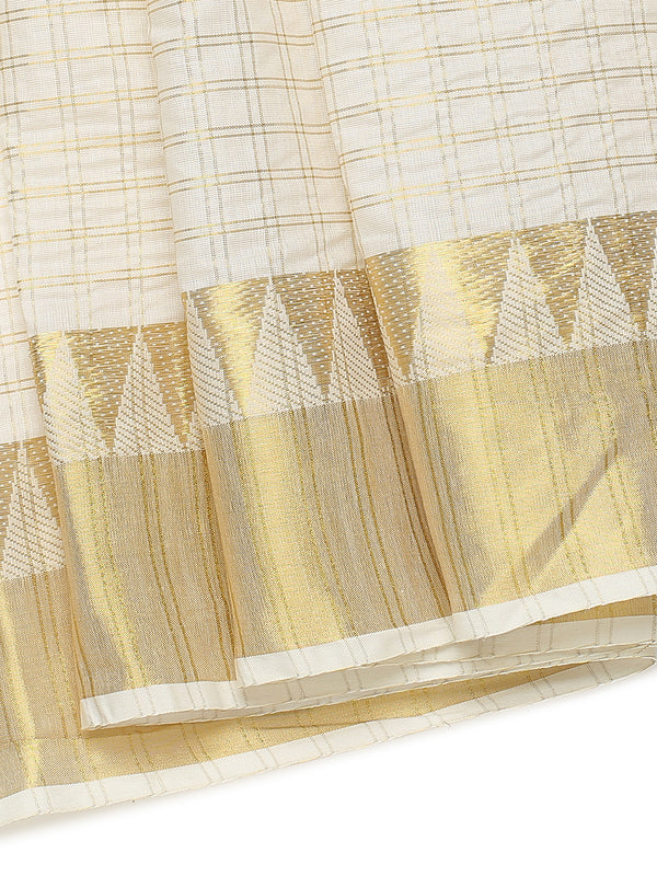 Off White Cotton Double Striped Check Set Saree with Zari Temple Design Near Golden Kasavu Border