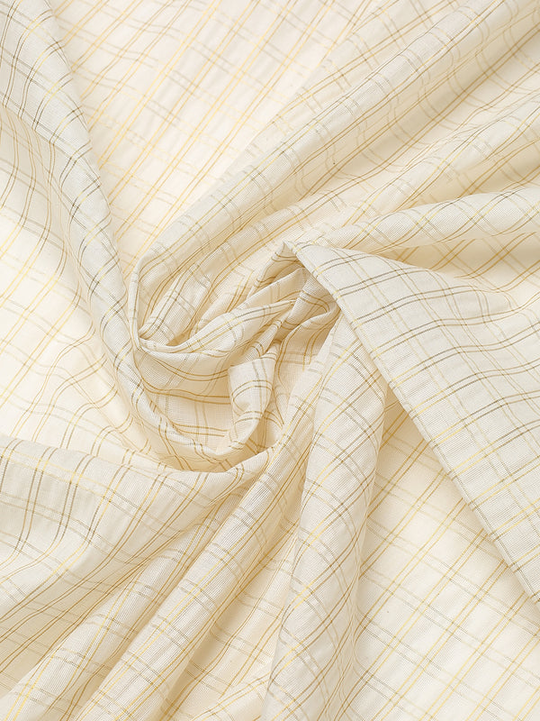Off White Cotton Double Striped Check Set Saree with Zari Temple Design Near Golden Kasavu Border
