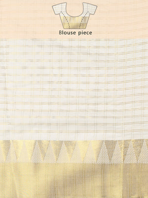Off White Cotton Double Striped Check Set Saree with Zari Temple Design Near Golden Kasavu Border