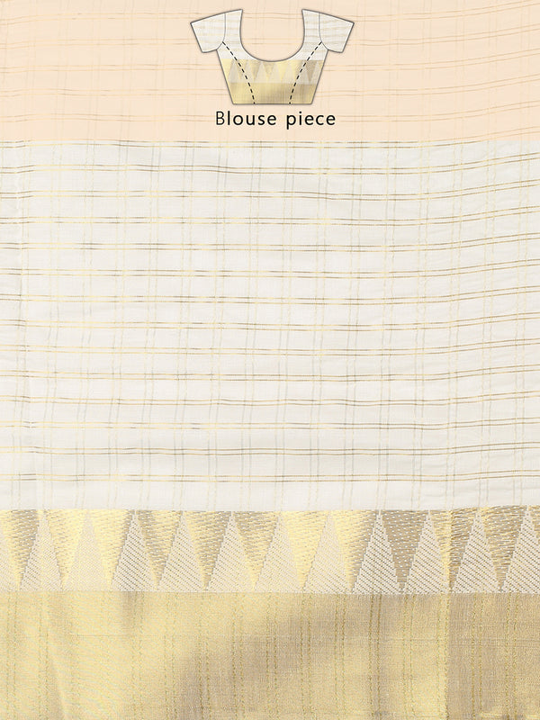 Off White Cotton Double Striped Check Set Saree with Zari Temple Design Near Golden Kasavu Border