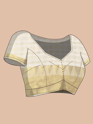 Off-White Cotton Set Saree with Golden Multi Striped Check Pattern and Kasavu Border