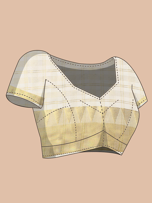 Off-White Cotton Set Saree with Golden Multi Striped Check Pattern and Kasavu Border