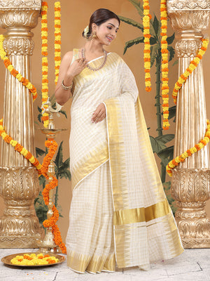 Off-White Cotton Set Saree with Golden Multi Striped Check Pattern and Kasavu Border