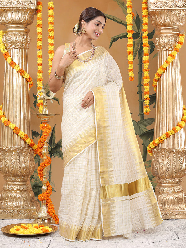 Off-White Cotton Set Saree with Golden Multi Striped Check Pattern and Kasavu Border