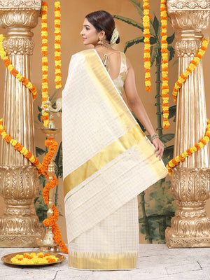 Off-White Cotton Set Saree with Golden Multi Striped Check Pattern and Kasavu Border