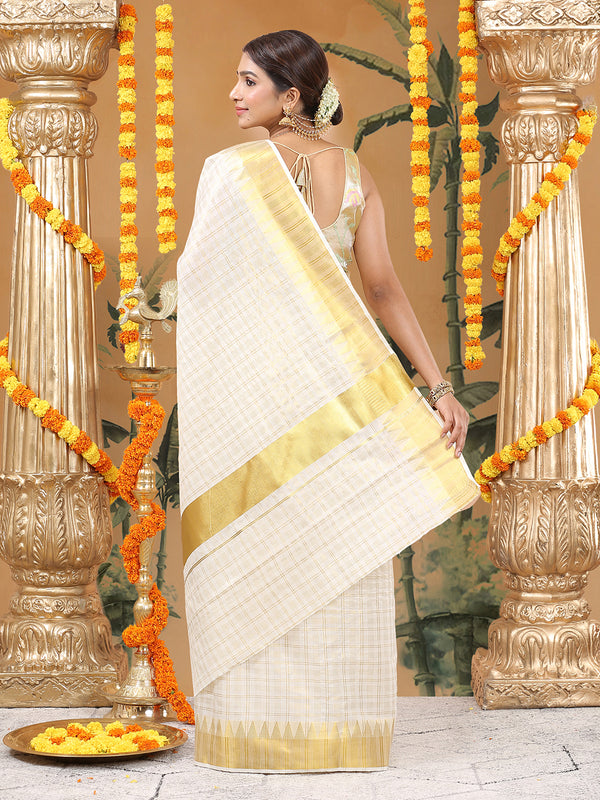 Off-White Cotton Set Saree with Golden Multi Striped Check Pattern and Kasavu Border