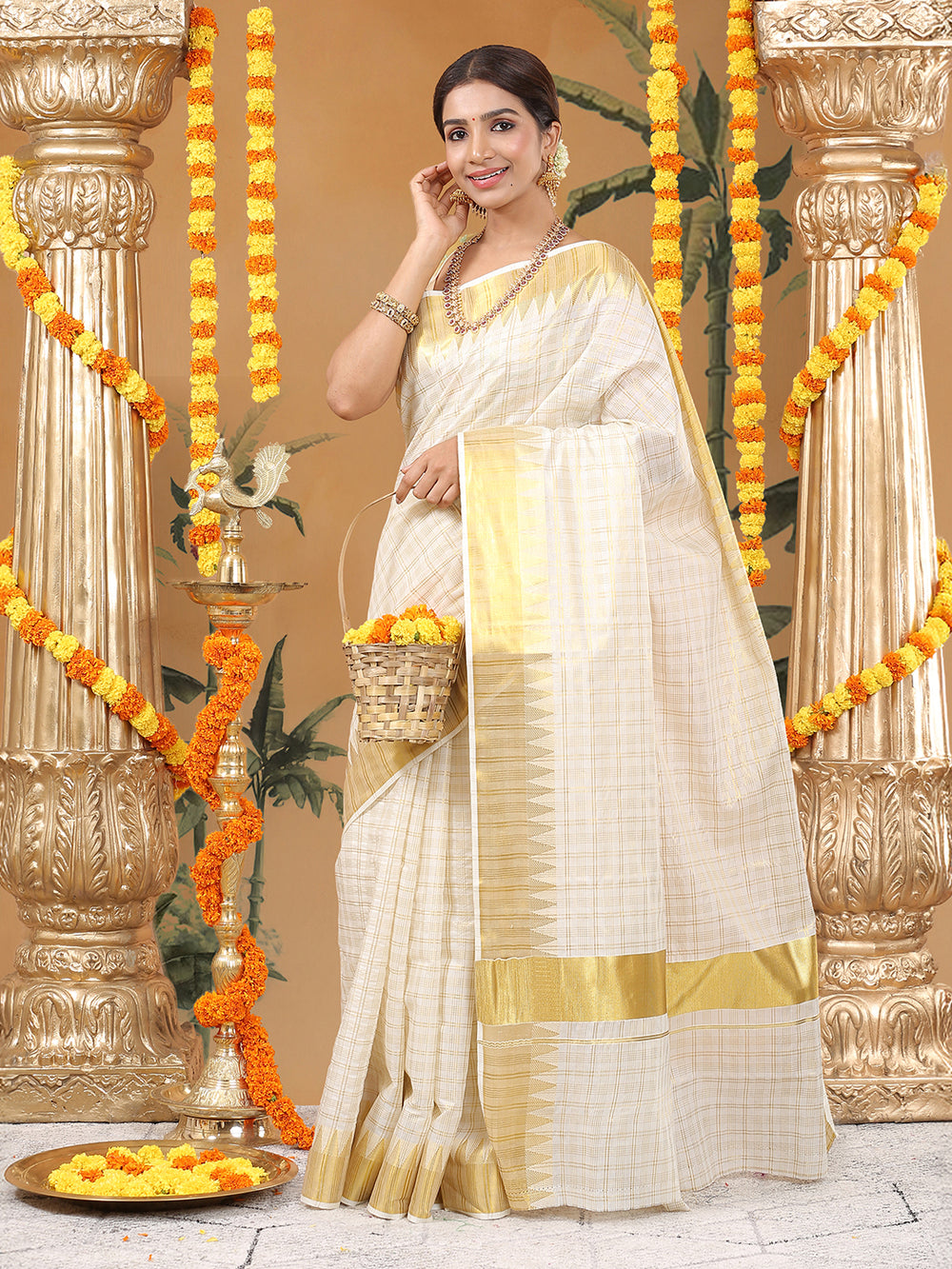 Off-White Cotton Set Saree with Golden Multi Striped Check Pattern and Kasavu Border