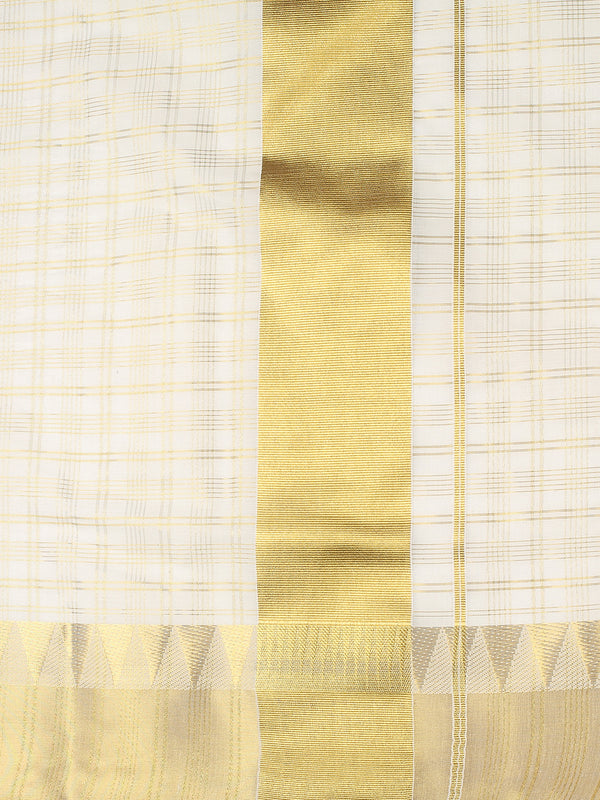 Off-White Cotton Set Saree with Golden Multi Striped Check Pattern and Kasavu Border