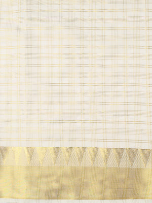 Off-White Cotton Set Saree with Golden Multi Striped Check Pattern and Kasavu Border