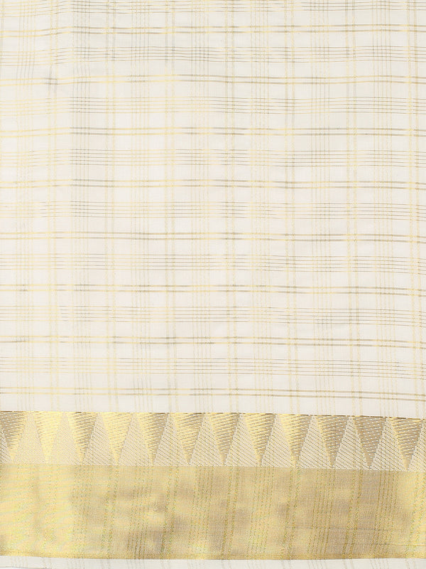 Off-White Cotton Set Saree with Golden Multi Striped Check Pattern and Kasavu Border