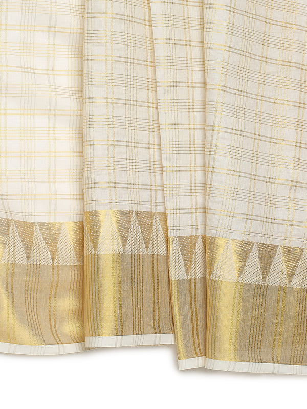 Off-White Cotton Set Saree with Golden Multi Striped Check Pattern and Kasavu Border