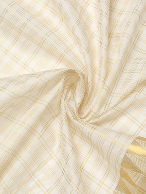 Off-White Cotton Set Saree with Golden Multi Striped Check Pattern and Kasavu Border