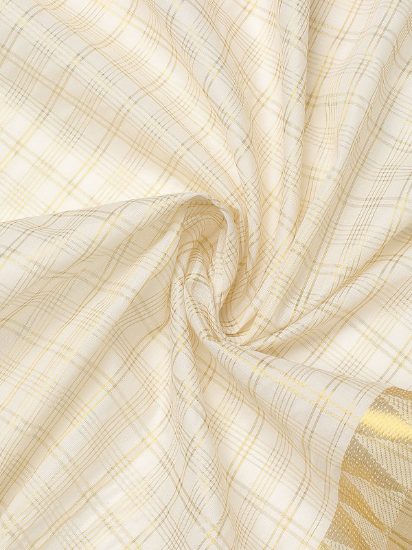 Off-White Cotton Set Saree with Golden Multi Striped Check Pattern and Kasavu Border