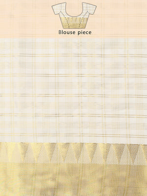 Off-White Cotton Set Saree with Golden Multi Striped Check Pattern and Kasavu Border