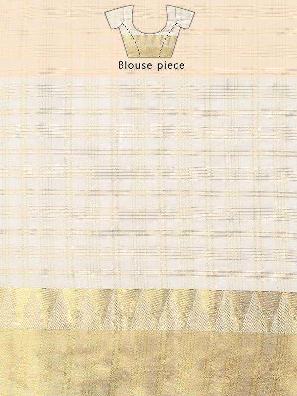 Off-White Cotton Set Saree with Golden Multi Striped Check Pattern and Kasavu Border
