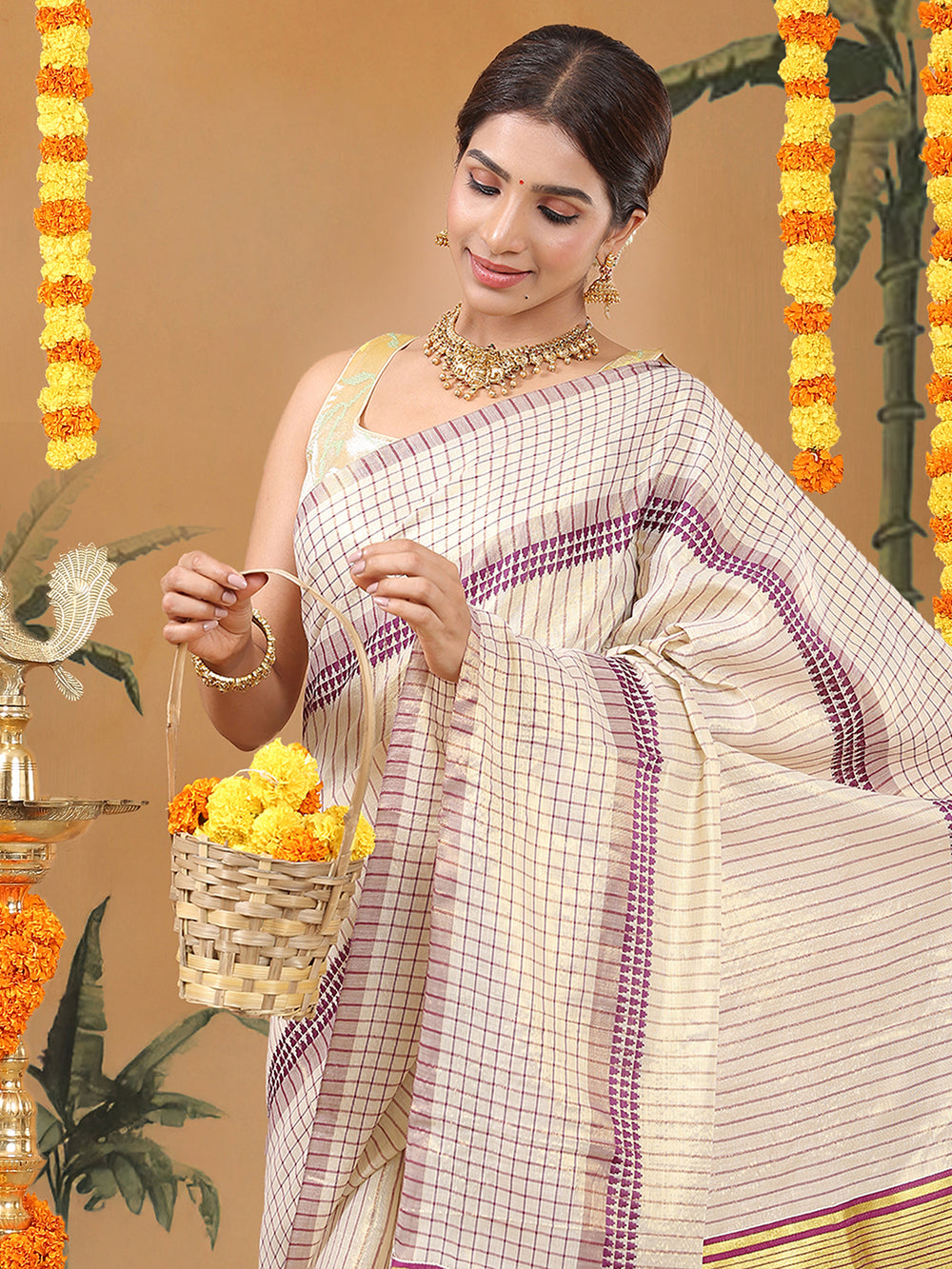 Golden Tissue Set Saree with Purple Stripes and Check Border