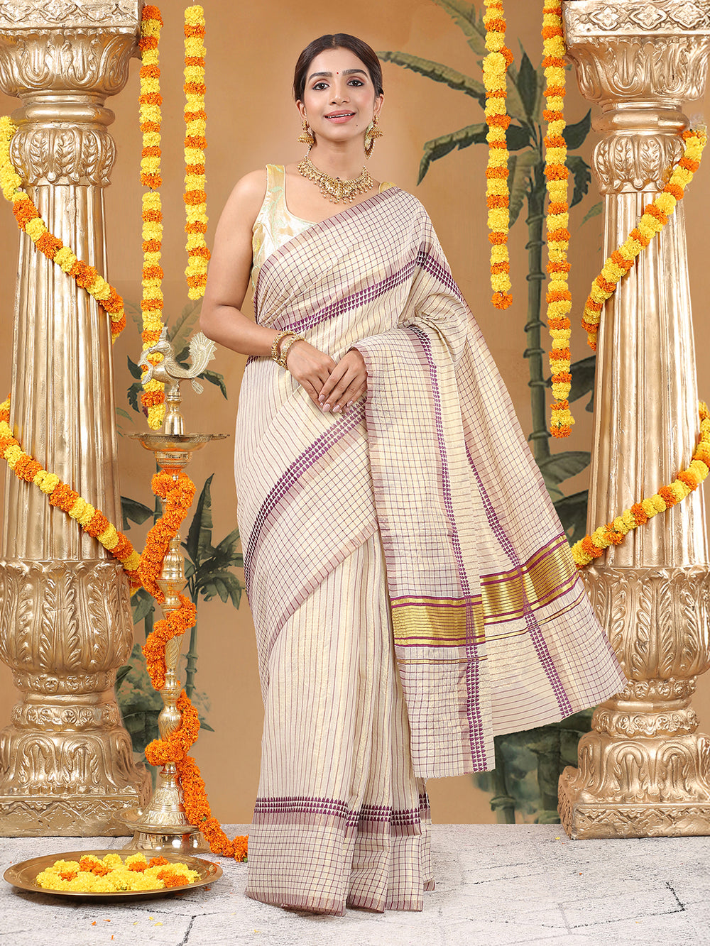 Golden Tissue Set Saree with Purple Stripes and Check Border