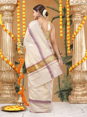 Golden Tissue Set Saree with Purple Stripes and Check Border