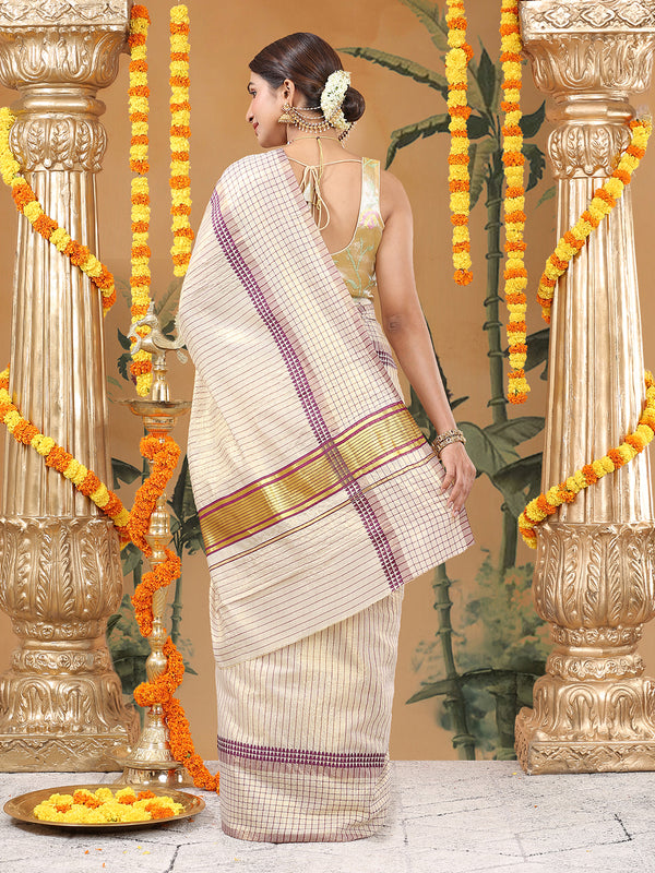 Golden Tissue Set Saree with Purple Stripes and Check Border