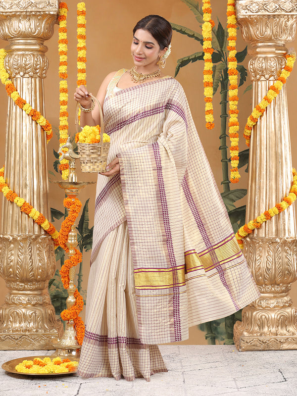Golden Tissue Set Saree with Purple Stripes and Check Border