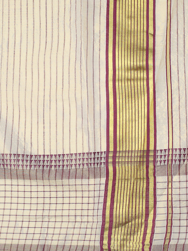 Golden Tissue Set Saree with Purple Stripes and Check Border